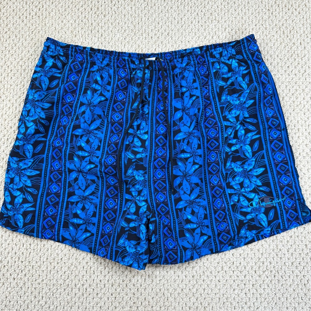 Vtg Champion Shorts Mens 3XT Blue Swim Trunks Mesh Liner Floral Geometric 90s